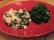 Photo of Macaroni shells in cheese sauce with smoked salmon and kale; raw kale salad with white grapefruit