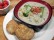 Photo of Coconut cream of potato-broccoli soup; Herbed cheese biscuits